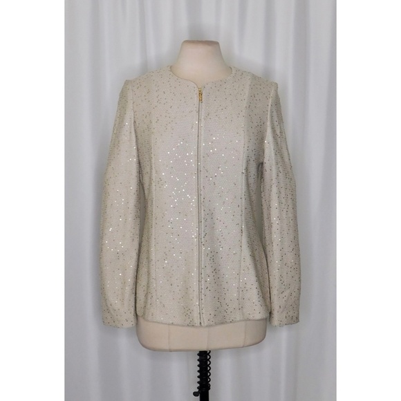 ST. JOHN Gold Sequin Knit Blazer Jacket Zipper Front Embellished Beige Size 10 - Picture 1 of 10
